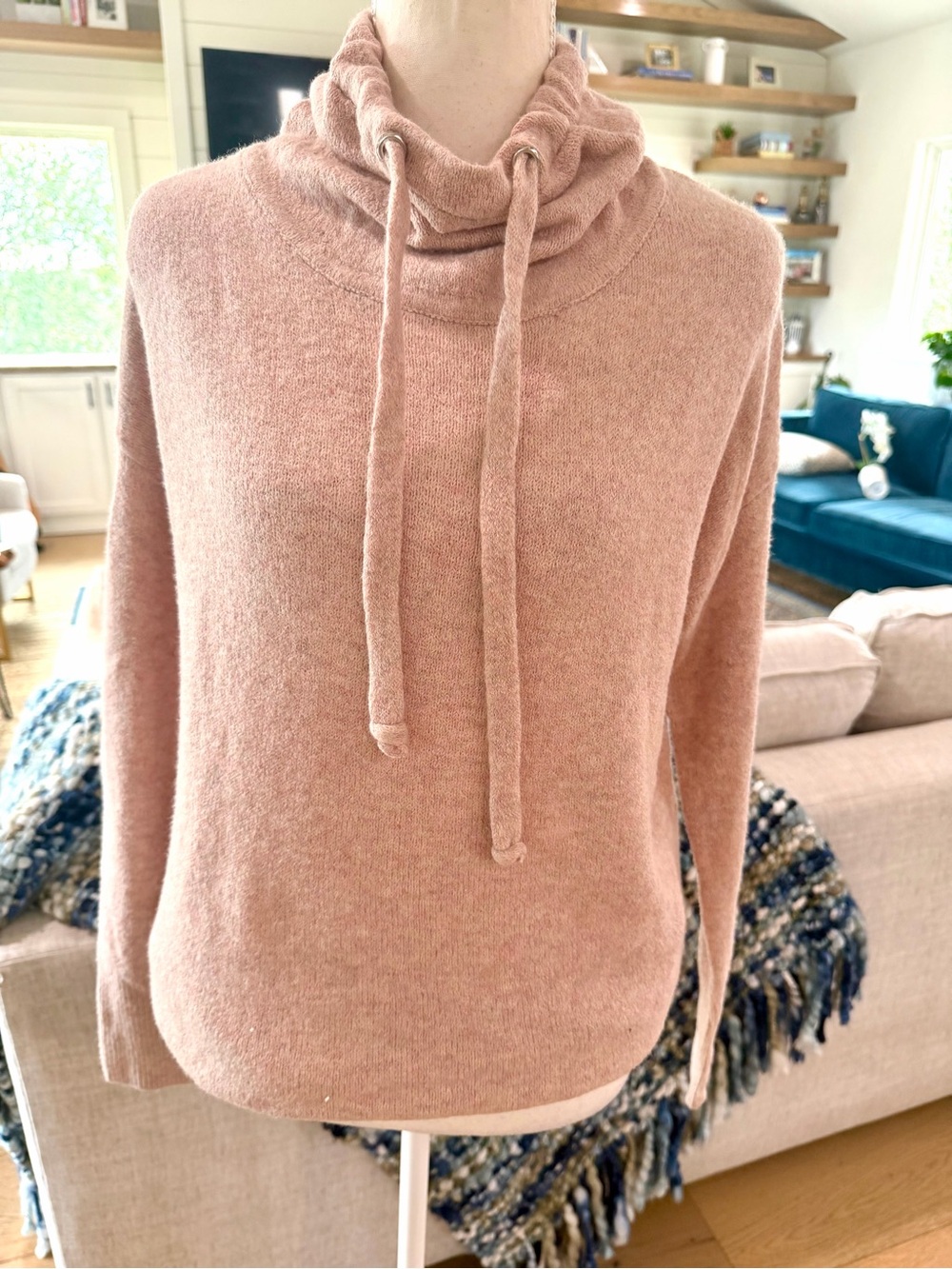 Women’s Cozy Drawstring Cowl Neck Sweater - Peach Blush M Cotton Blend
